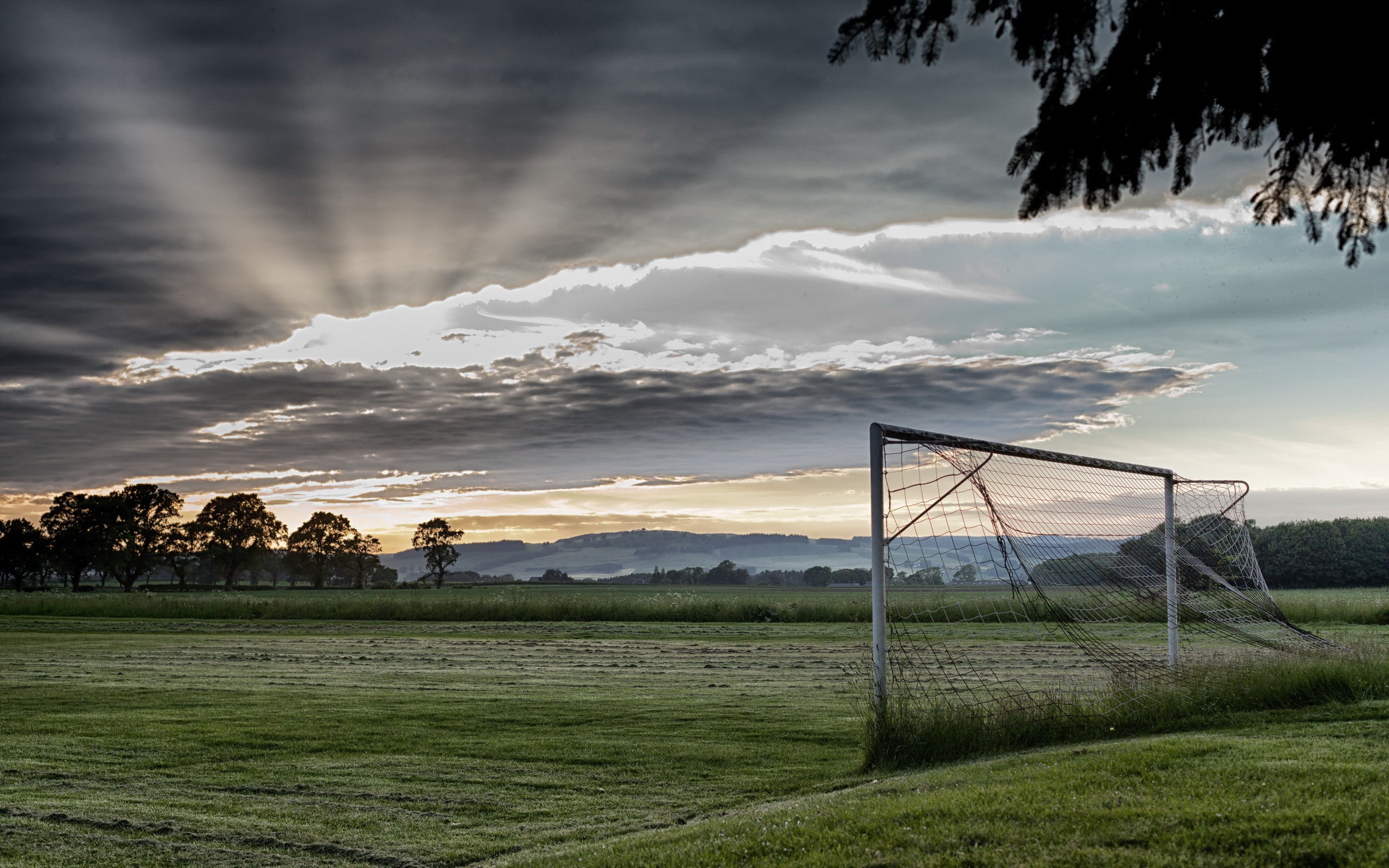 white goal net, Goal, clouds, soccer pitches, sky