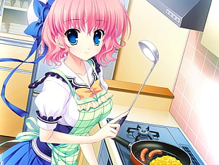 female anime character with pink hair holding ladle illustration