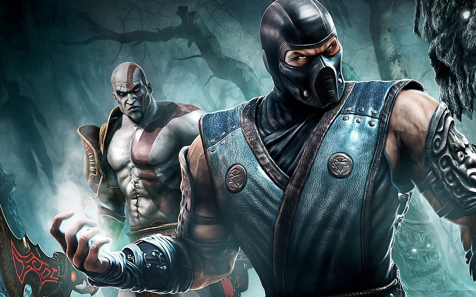 Sub Zero and Kratos video game screenshot HD wallpaper
