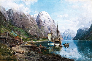 brown boat, artwork, painting, classic art, traditional art