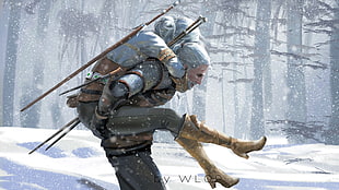 man carrying woman walking on snow digital wallpaper HD wallpaper