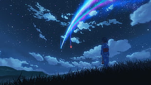 Your Name anime movie scene, Kimi no Na Wa, Makoto Shinkai , starry night, comet HD wallpaper