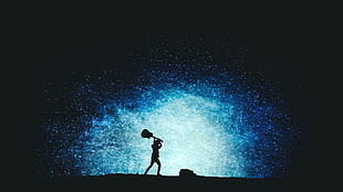 silhouette photo of person holding guitar, animation, stars, space