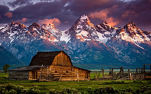 brown wooden barn, Rocky Mountains, nature, landscape, mountains