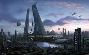 futuristic cityscape graphic wallpaper, city, futuristic city, science fiction