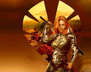 woman with orange hair and silver armor holding sword illustration