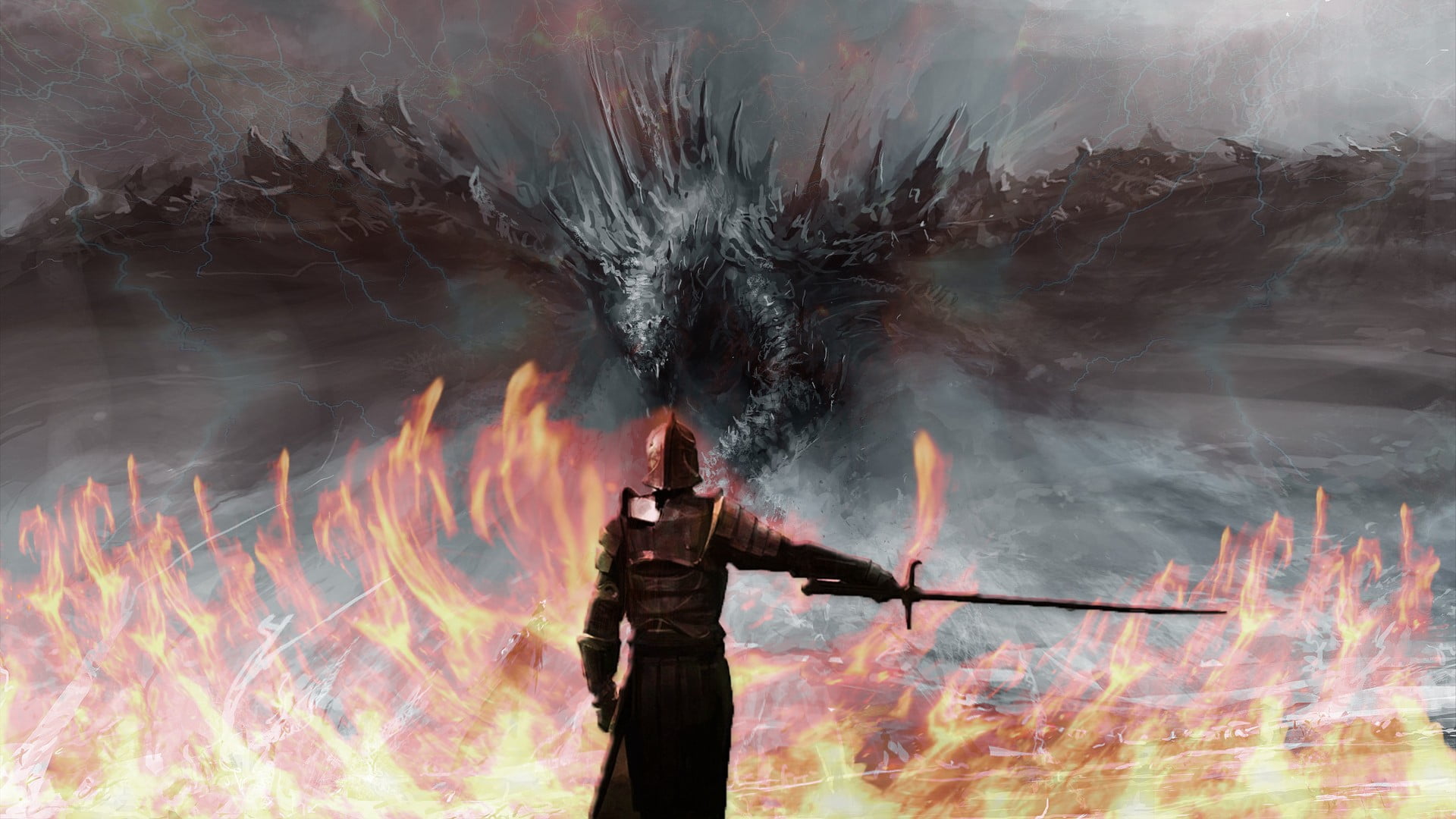 warrior fighting dragon digital wallpaper