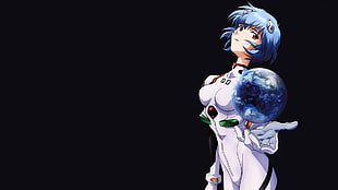 blue haired female anime wearing black suit digital wallpaper, Neon Genesis Evangelion, Ayanami Rei, blue, simple background