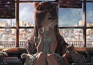 brown haired female anime character illustration, anime, nekomimi, cat, anime girls