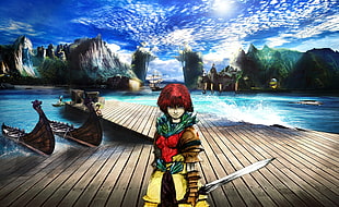 red haired anime character illustration, digital art, Photoshop, photo manipulation, fantasy art