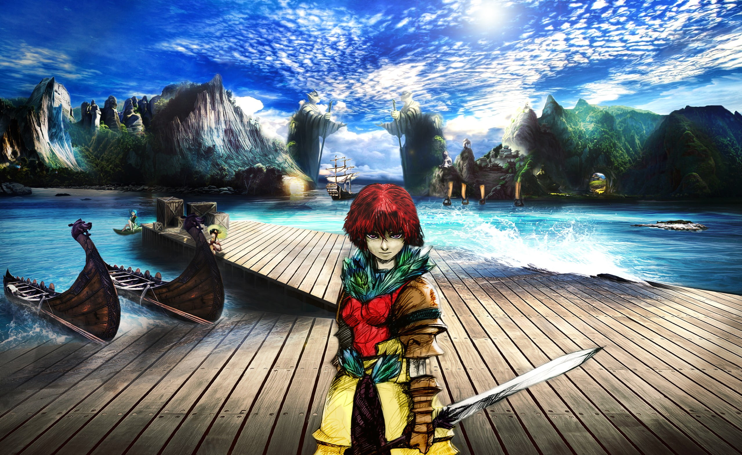 red haired anime character illustration, digital art, Photoshop, photo manipulation, fantasy art
