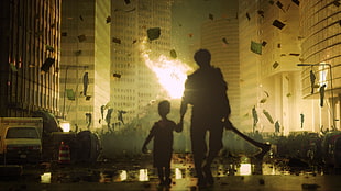 silhouette of man and boy, death, fire, survival, apocalyptic HD wallpaper