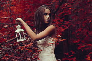 leaves, lantern, women, model HD wallpaper
