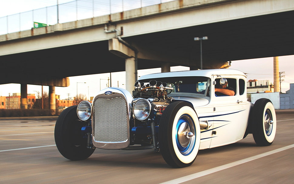 vintage white coupe with silver turbocharger, bridge, vehicle HD wallpaper