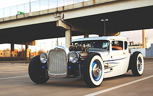 vintage white coupe with silver turbocharger, bridge, vehicle