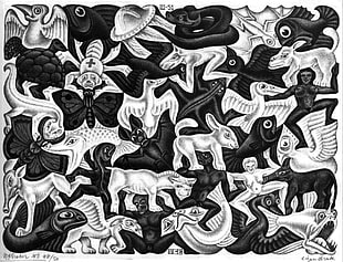 assorted animal illustration, artwork, optical illusion, drawing, M. C. Escher HD wallpaper