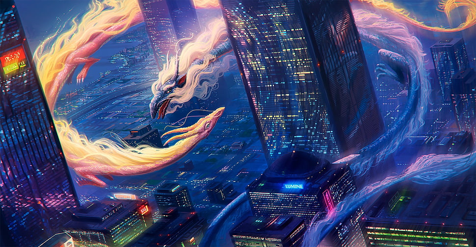 videogame screenshot, cityscape, dragon, blue, yellow HD wallpaper