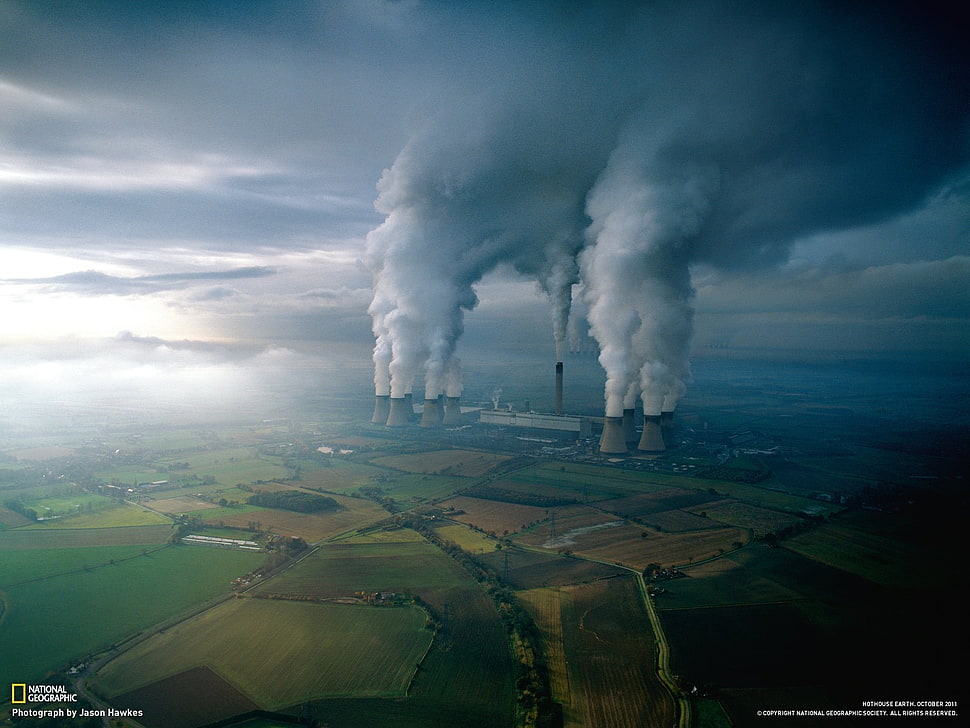 gray nuclear power plants, factory, smoke, National Geographic, field HD wallpaper