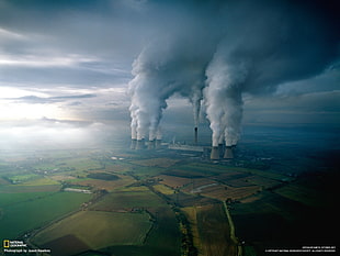 gray nuclear power plants, factory, smoke, National Geographic, field