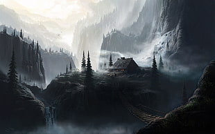 landscape painting of tall trees with fog and house in the middle of tall trees
