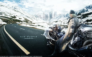 videogame poster, Snow Villiers, road, motorcycle, snow