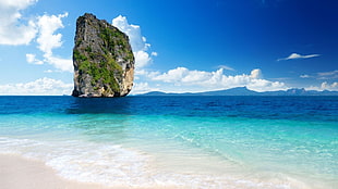gray rock formation surrounded by body of water, beach, Thailand, nature, sky