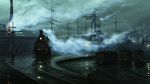 black train digital wallpaper, train, painting, mist, railway