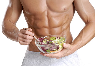 bowl of vegetable salad, men, salad, muscles, model