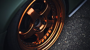orange 5-spoke vehicle wheel, wheels, car, Work Wheels