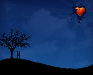 silhouette of couple standing near tree at night time