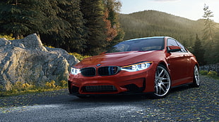 red BMW E-series, BMW M4 Coupe, render, corona render, car HD wallpaper