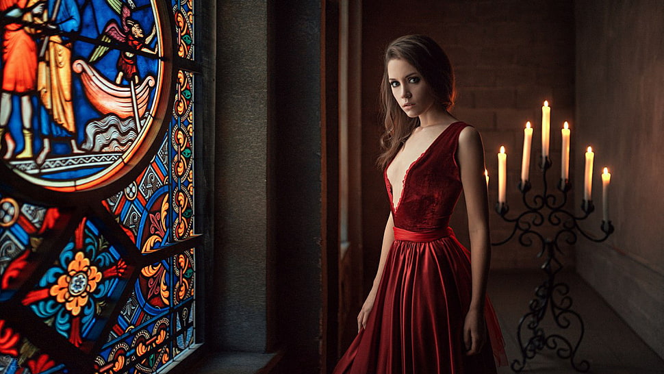 women's red V-neck sleeveless dress, Ksenia Kokoreva, model, brunette, women HD wallpaper