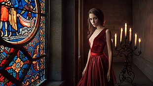 women's red V-neck sleeveless dress, Ksenia Kokoreva, model, brunette, women