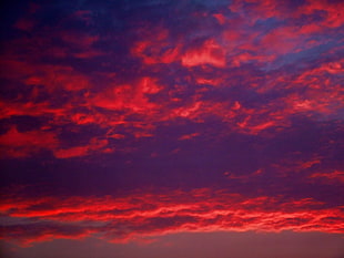 red and blue sky, sunset, sea, red