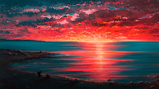 sunset painting, Sunset, Seaside, Couple HD wallpaper