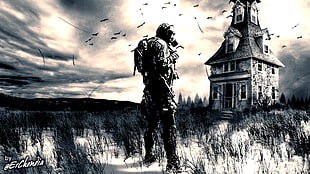 illustration of a man in front of a house, S.T.A.L.K.E.R.
