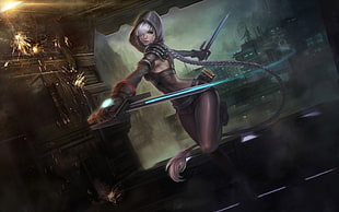 female game character holding two sais, futuristic
