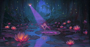 frog princess and prince dancing on lily pads with spotlight