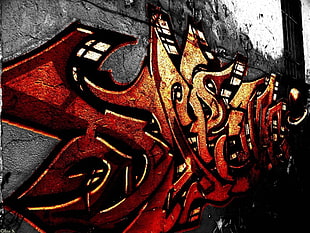 red and beige graffiti, graffiti, wall