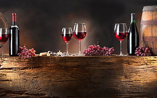 three clear wine glasses, wine, grapes, table, bottles HD wallpaper