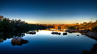 body of water, nature, river, bridge, reflection HD wallpaper