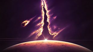 meteors and orange planet digital wallpaper