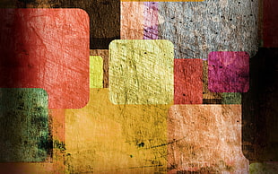yellow, orange, green, and gray abstract painting