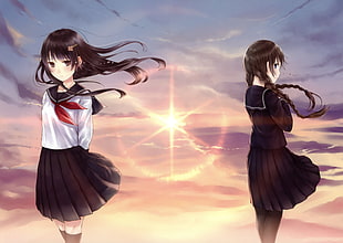 two grey haired anime characters standing under blue and pink sky