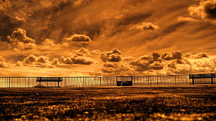 silhouette of bench near of balustrade, clouds, bench, sepia, orange