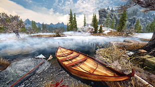 brown rowboat, body of water, and green pine trees painting, The Elder Scrolls V: Skyrim