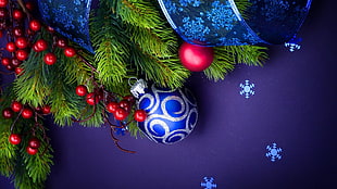 blue and gray bauble hanging on Christmas decor