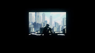 black wooden framed glass top dining table, Ghost in the Shell, Kusanagi Motoko, cityscape, in bed