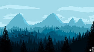 mountain and trees digital artwork, mountains, mountain pass, forest, trees
