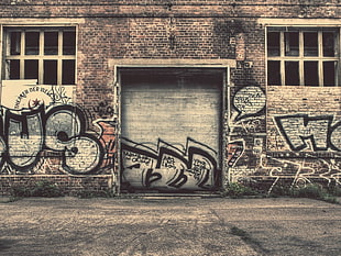 gray roller shutter, city, graffiti